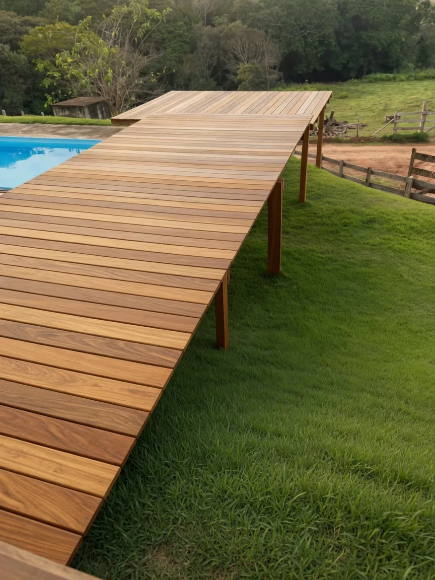 Deck de madeira maciça envernizada junto à piscina com vista para a serra