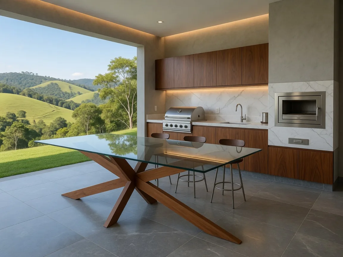 Mesa de vidro com base de madeira em área gourmet com vista