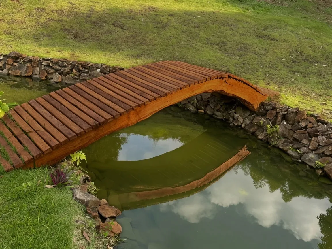 Ponte de madeira em projeto de paisagismo